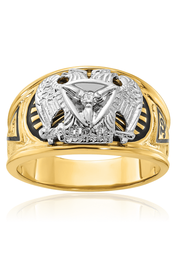 10K Solid Two Tone Gold 0.05 carat Black Diamond Extra Wide Double Eagle Scottish Rite Masonic Statement Signet Ring - 13.3mm Band - Round Cut