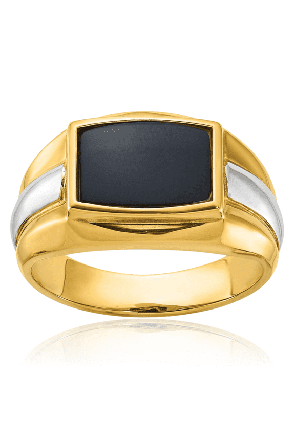 10K Solid Two Tone Gold Black Onyx Signet Ring - Prong Set, Polished Men's