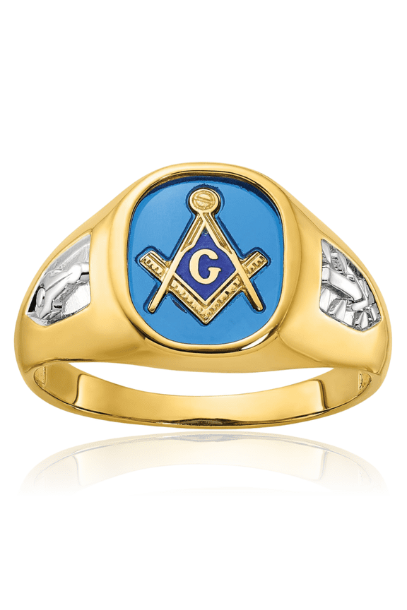 10K Solid Two Tone Gold 6 carat Lab Blue Sapphire Masonic Signet Ring - Cushion Cut, Prong Set Men's