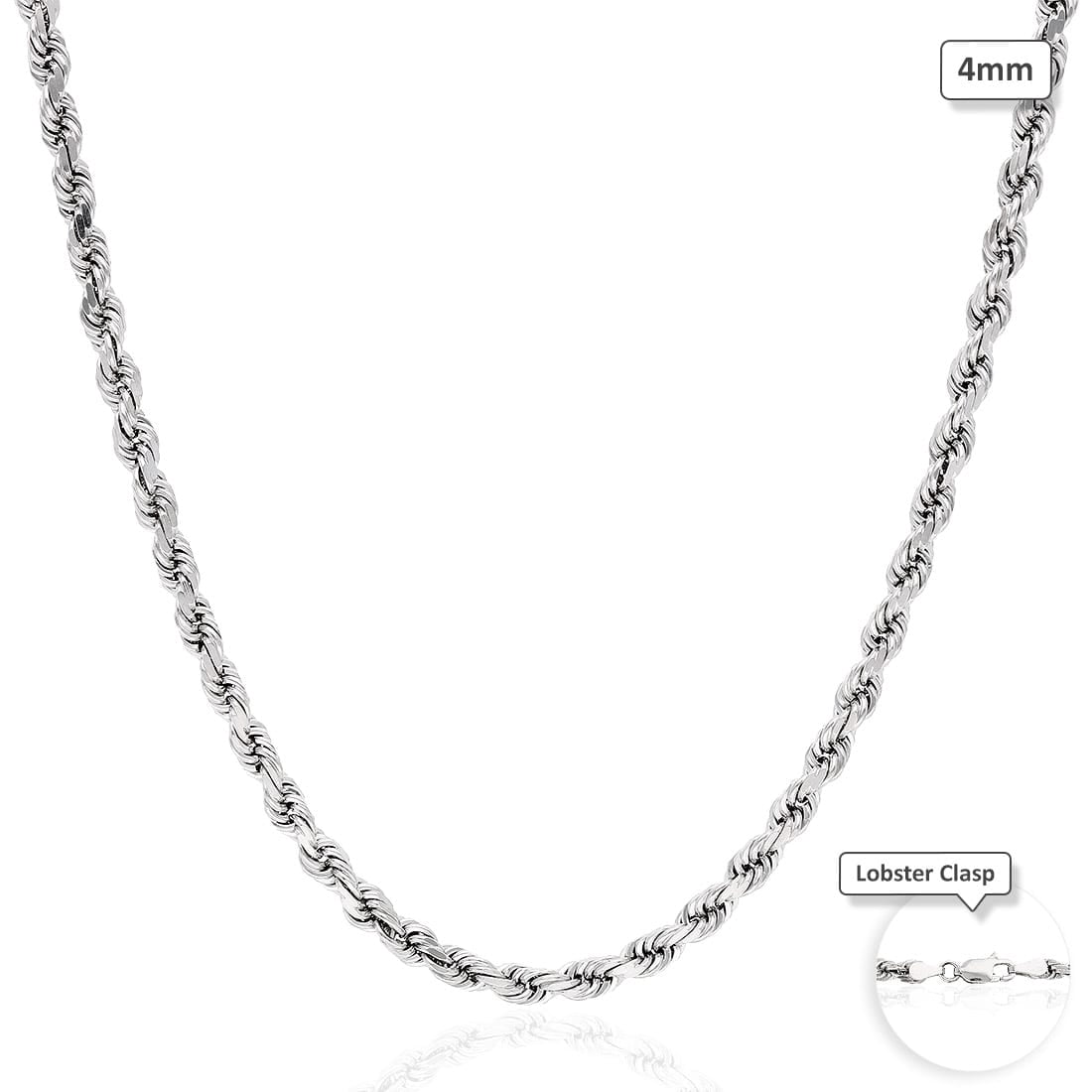 10K Solid White Gold 4mm Diamond Cut Rope Chain Necklace 20"-24 ...