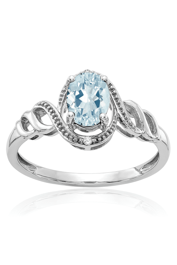 10K Solid White Gold Blue Aquamarine Diamond Ring Gemstone Band March Birthstone Jewelry