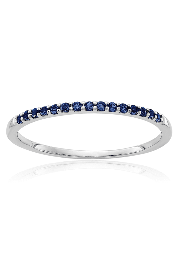 10K Solid White Gold 0.12 carat Blue Sapphire Pave Stackable Eternity Anniversary Ring - 2mm Slim Band - Round Cut, Natural, Prong Set Women's