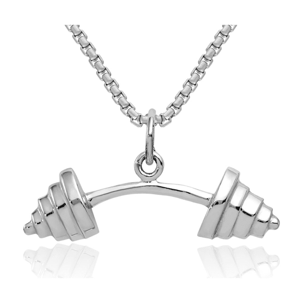 10K Solid White Gold Bodybuilder Barbell Necklace Weightlifting Gym — free download