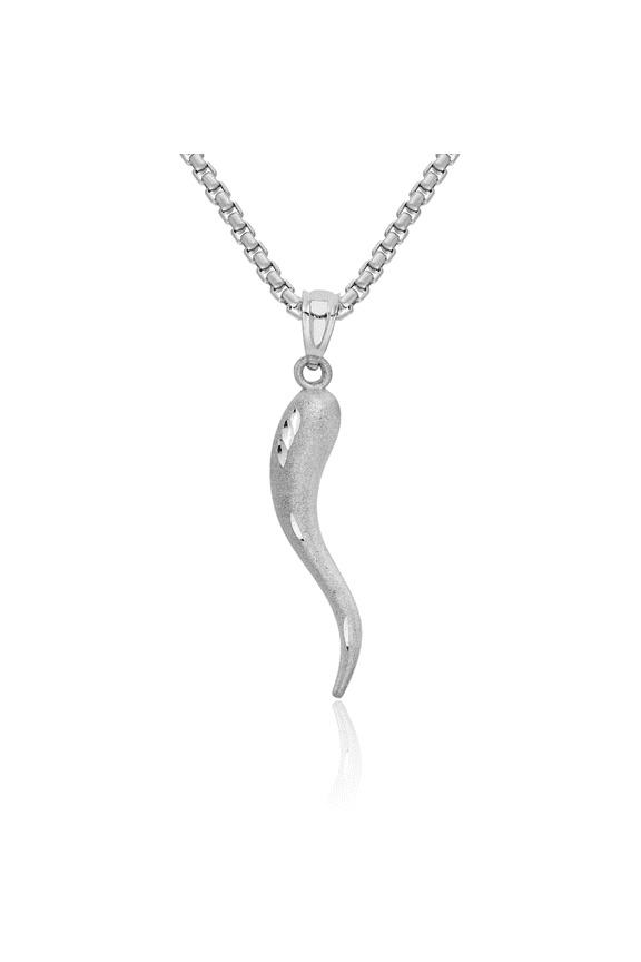 10K Solid White Gold Cornicello Italian Horn Necklace Lucky Protection Amulet Pendant Chilli Pepper Charm