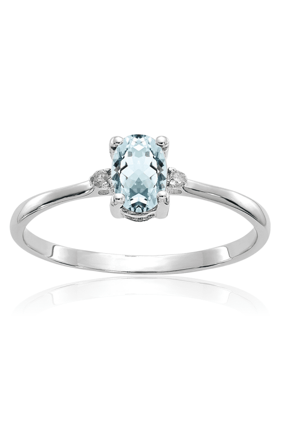 10K Solid White Gold Diamond Blue Aquamarine Ring Gemstone Band March Birthstone Jewelry