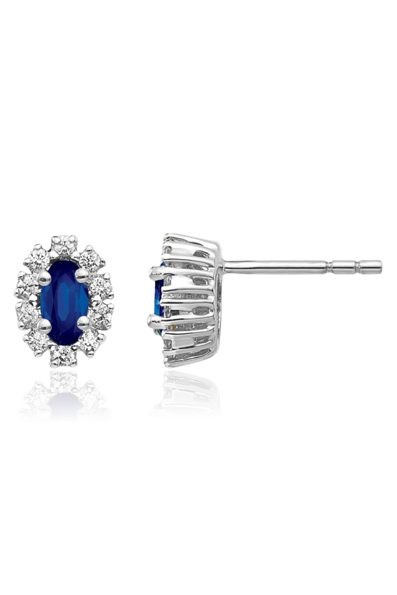 10K Solid White Gold 0.66 carat Blue Sapphire Diamond Large Halo Stud Earrings - 7mm 1/4 inch - Oval Cut, Natural, Prong Set, Friction Back Women's