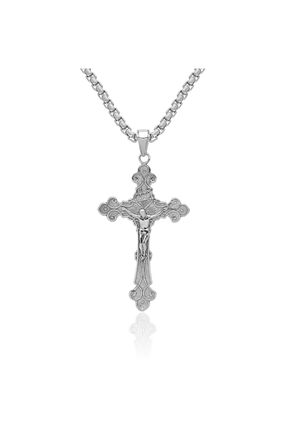 10K Solid White Gold Inri Lord Jesus Christ Crucifix Holy Cross French Fleur De Lis Lily Flower Necklace Religious Chain Pendant Charm