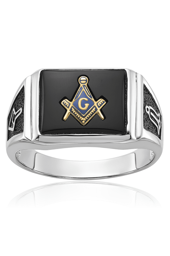 10K Solid White Gold Mens Black Onyx Master Mason Signet Freemason Masonic Ring