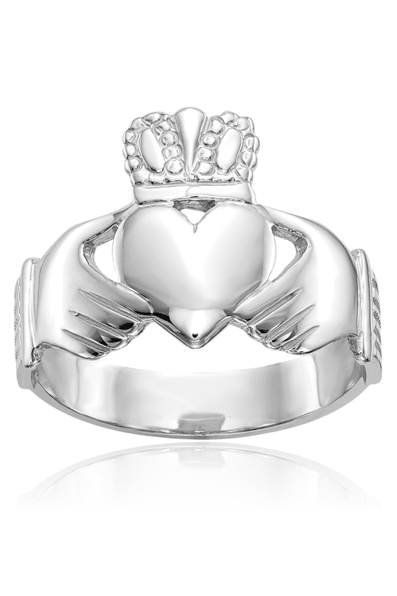 10K Solid White Gold Mens Heart Irish Claddagh Celtic Ring Jewelry