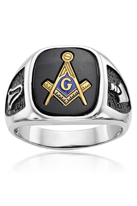 10K Solid White Gold Plated Black Onyx Master Mason Signet Freemason Masonic Ring