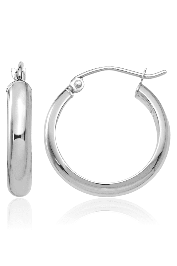 10K Solid White Gold Round Medium Hoop Earrings - 20mm 3/4 inch - Snap Back, Polished Women's