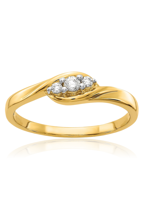 10K Solid Yellow Gold 0.10 carat Diamond Three Stone Promise Ring - 2mm Slim Band - Round Cut, Natural, Prong Set Women's