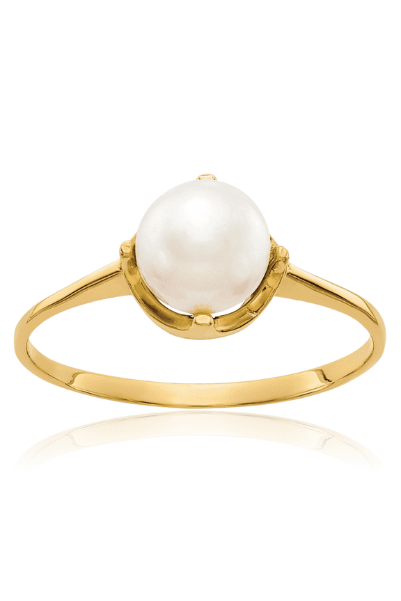 10K Solid Yellow Gold Freshwater Pearl Solitaire Ring - 6.5mm Slim Band - Prong Set Women's
