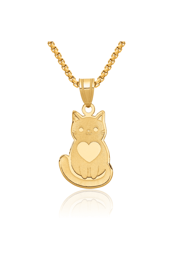 10K Solid Yellow Gold Cat Heart Necklace Love Pendant Charm