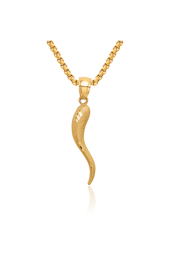 10K Solid Yellow Gold Cornicello Italian Horn Necklace Lucky Protection Amulet Pendant Chilli Pepper Charm