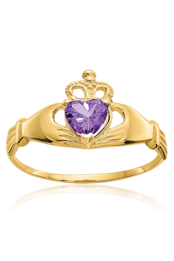 10K Solid Yellow Gold 0.50 carat Purple Cubic Zirconia Extra Wide Celtic Claddagh Promise Ring - 14mm Band - Heart Cut, Prong Set Women's
