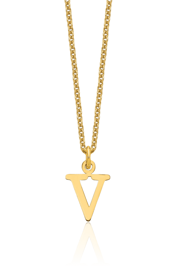 10K Solid Yellow Gold Small Letter V Initial Pendant Necklace - 18mm 3/4 inch - Polished Women's
