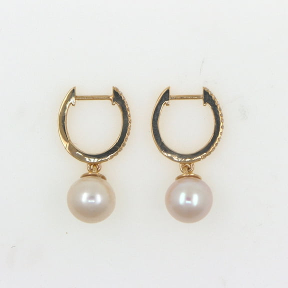 10K Solid Yellow Gold Dangle Earring In Genuine Natural Diamonds With Real Fresh Water Pearl