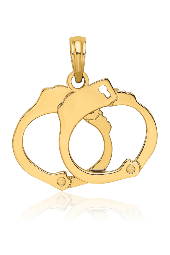 10K Solid Yellow Gold Medium Handcuffs Pendant Necklace - 19.3mm 3/4 inch - 3d Sculpted, Polished Women's