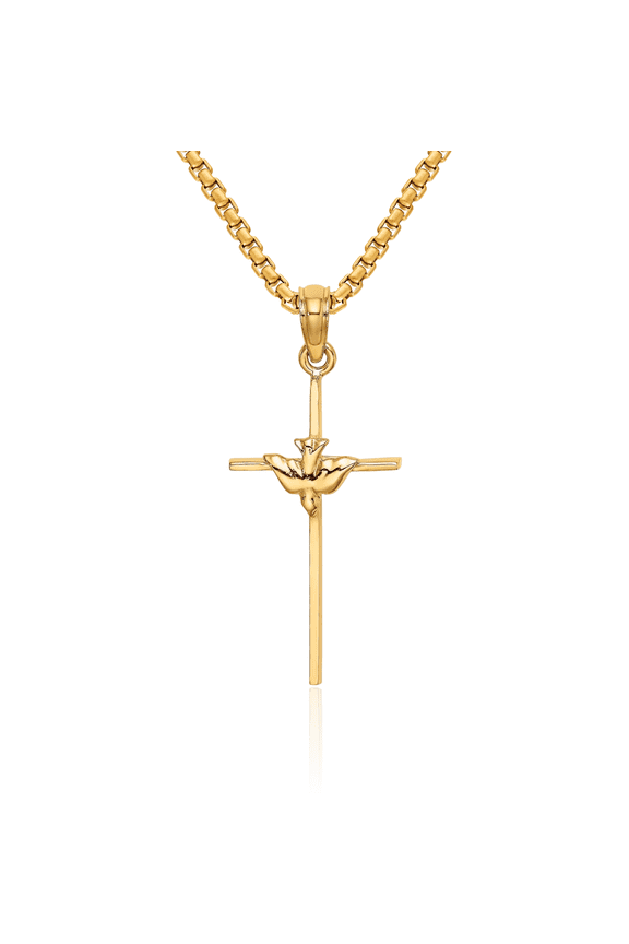 10K Solid Yellow Gold Dove Symbol Peace Love Holy Spirit Stick Cross Necklace Religious Chain Pendant Jesus Christ Charm