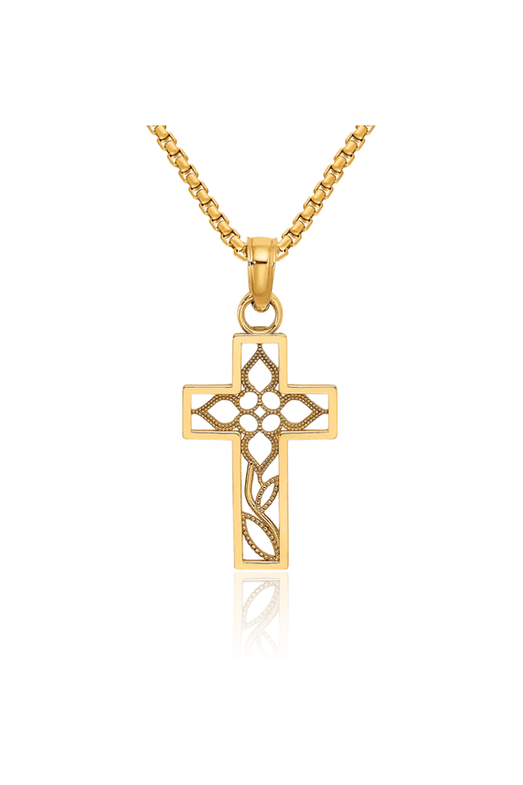 10K Solid Yellow Gold Flower Latin Mexican Holy Cross Necklace Religious Chain Pendant Jesus Christ Charm