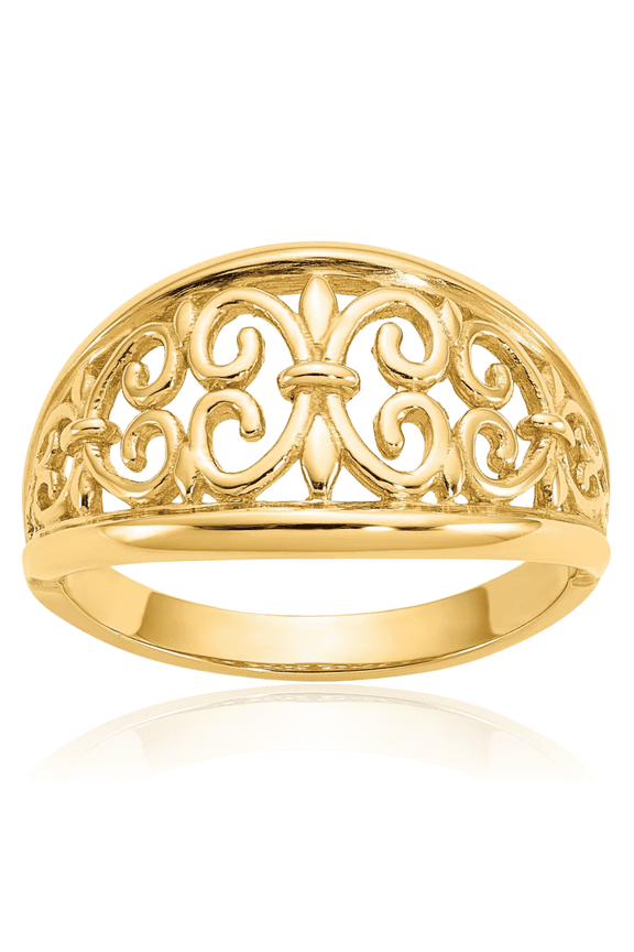 10K Solid Yellow Gold French Fleur De Lis Lily Flower Tapered Ring Religious Saint Band