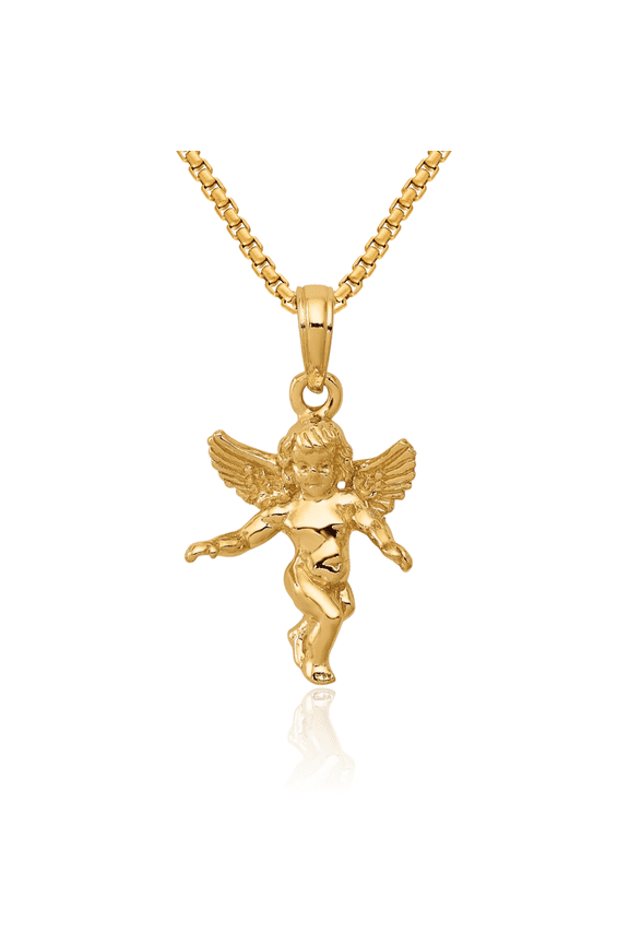 10K Solid Yellow Gold Guardian Angel Wings Necklace Protect Us Cherub Pendant Religious Charm
