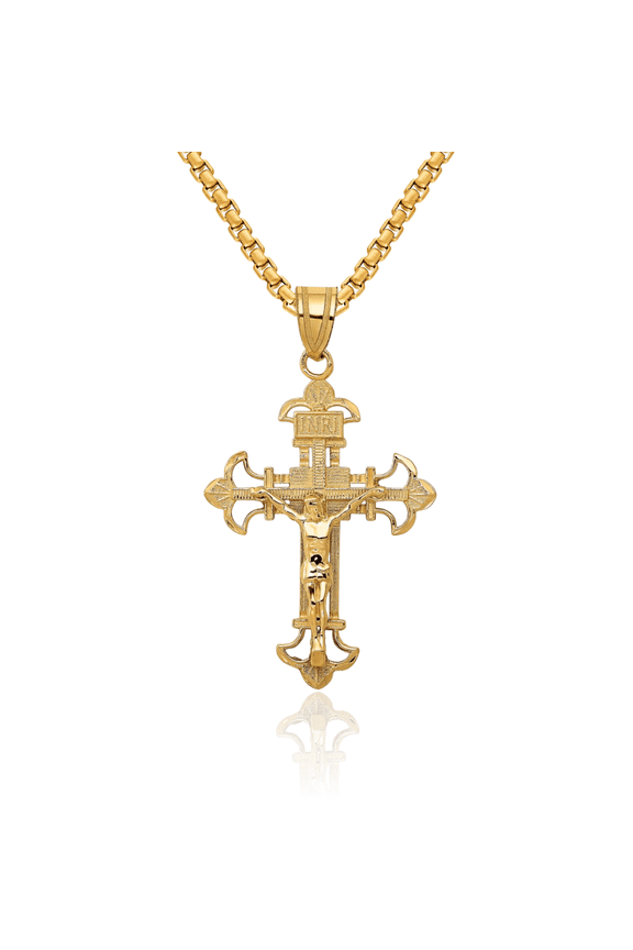 10K Solid Yellow Gold Inri French Fleur De Lis Lily Flower Lord Jesus Christ Crucifix Holy Cross Necklace Religious Chain Pendant Charm