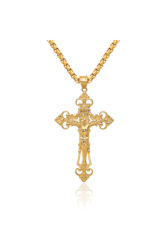 10K Solid Yellow Gold Inri French Fleur De Lis Lily Flower Lord Jesus Christ Crucifix Holy Cross Necklace Religious Chain Pendant Charm