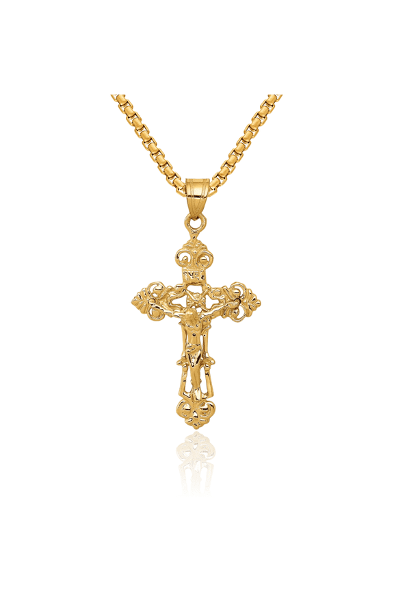 10K Solid Yellow Gold Inri French Fleur De Lis Lily Flower Lord Jesus Christ Crucifix Holy Cross Necklace Religious Chain Pendant Charm