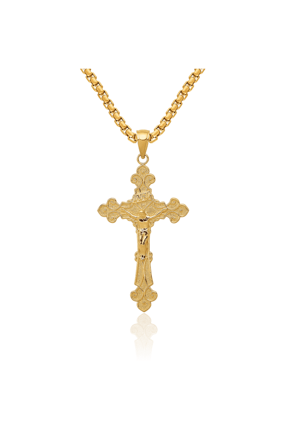 10K Solid Yellow Gold Inri Lord Jesus Christ Crucifix Holy Cross French Fleur De Lis Lily Flower Necklace Religious Chain Pendant Charm