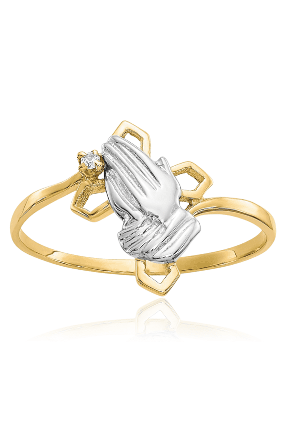 10K Solid Yellow Gold Jesus Christ Praying Hands Lord Serenity Prayer Cubic Zirconia CZ Holy Cross Ring Christian Religious Band