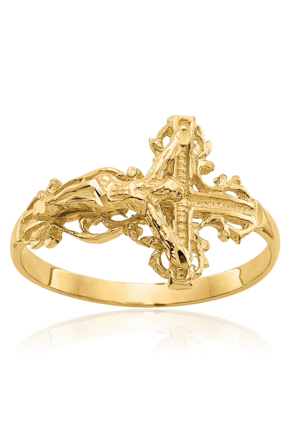 10K Solid Yellow Gold Filigree Jesus Crucifix Cross Statement Fashion Ring - 2mm Slim Band - Polished Women's