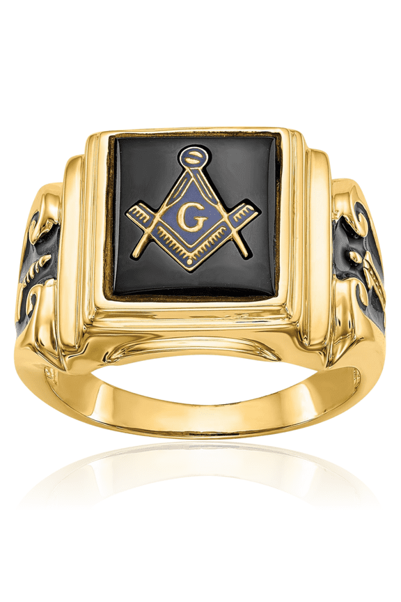 10K Solid Yellow Gold Mens Black Onyx Master Mason Signet Freemason Masonic Ring