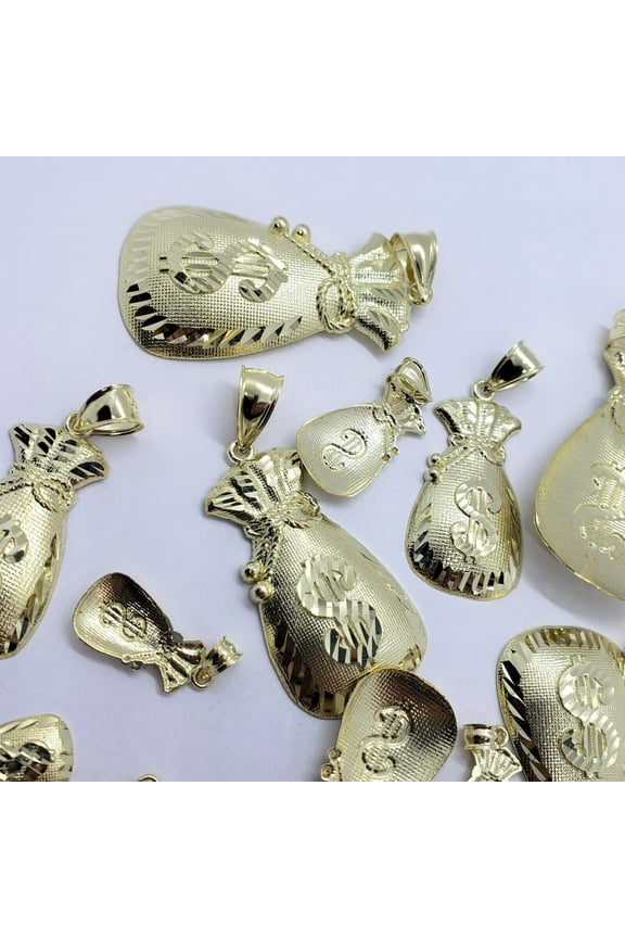 10K Solid Yellow Gold Money Bag with Dollar Sign Pendant