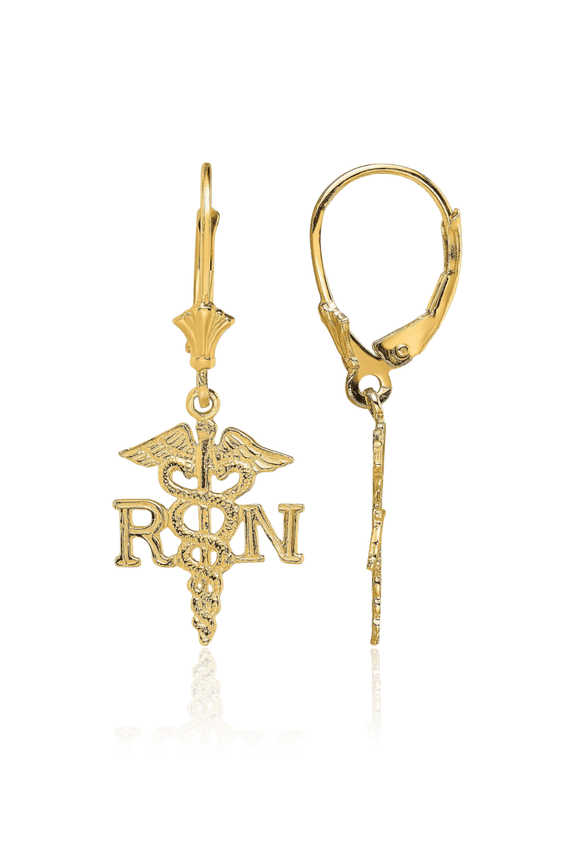 10K Solid Yellow Gold Rn Caduceus Drop Dangle Earrings