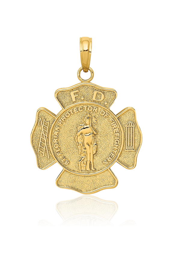 10K Solid Yellow Gold Large Saint Florian Fire Department Medal Pendant Necklace - 29mm 1.1 inch - Polished Adult