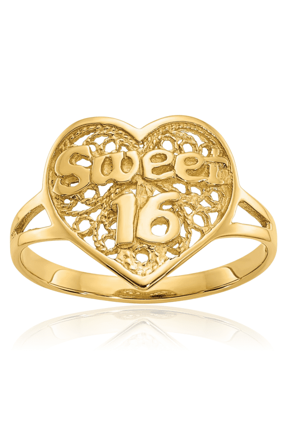 10K Solid Yellow Gold Sweet 16 Years Old Birthday Heart Ring Love Band