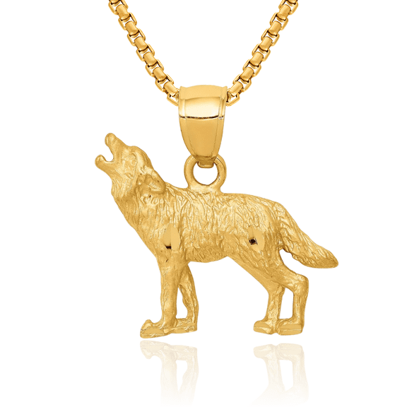 10K Solid Yellow Gold Wolf Necklace Chain Pendant Charm
