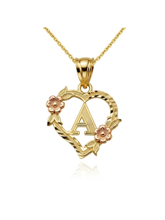10K TWO-TONED (Yellow and Rose) Gold Letter Initial Flower Heart Monogram Pendant and Necklace A (16 INCHES)
