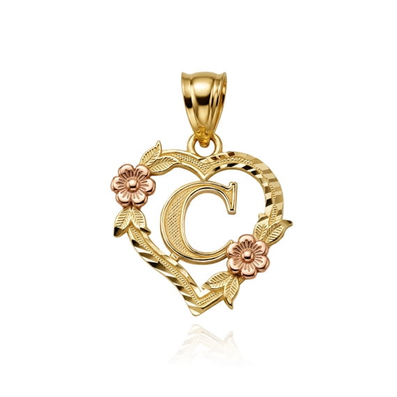 10K TWO-TONED (Yellow and Rose) Gold Letter "A-Z" Initial Flower Heart Monogram Initial C (PENDANT ONLY)