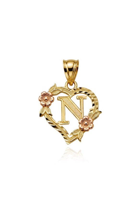 10K TWO-TONED (Yellow and Rose) Gold Letter "A-Z" Initial Flower Heart Monogram Initial N (PENDANT ONLY)