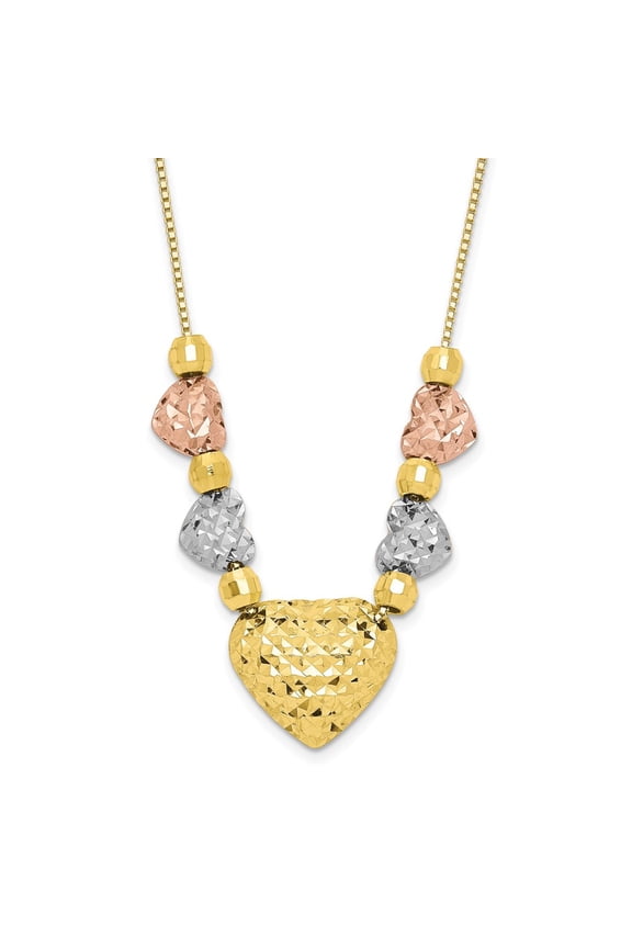 10K Tri-Color Puff & Flat hearts Necklace
