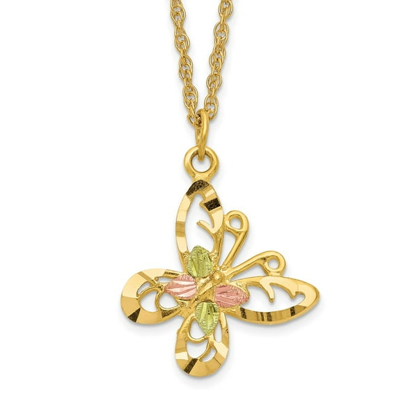 10K Tri-Tone Gold Necklace with Pendants Chain Tri-color Black Hills Butterfly 18 inch 17 mm