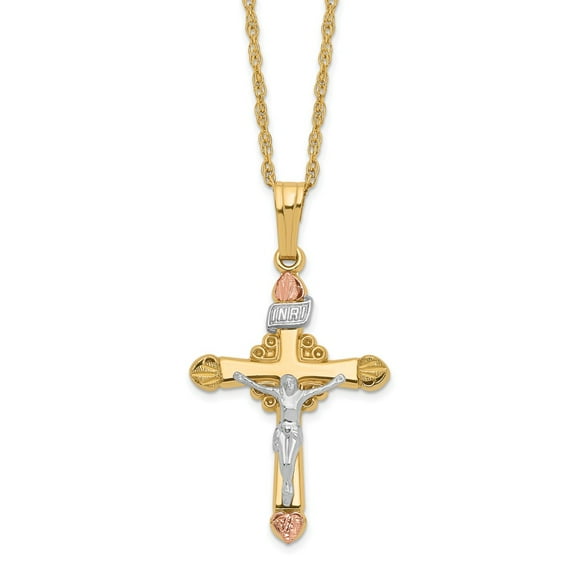 10K Tri-Tone Gold Ropa Necklace with Pendants Chain & 14k Filled w/ 12k Accents Cross 18 inch 17.8 mm