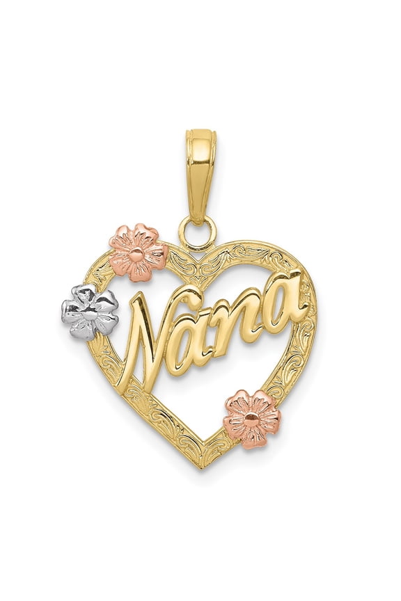 10K Tri-color Nana in Heart with Flowers Pendant