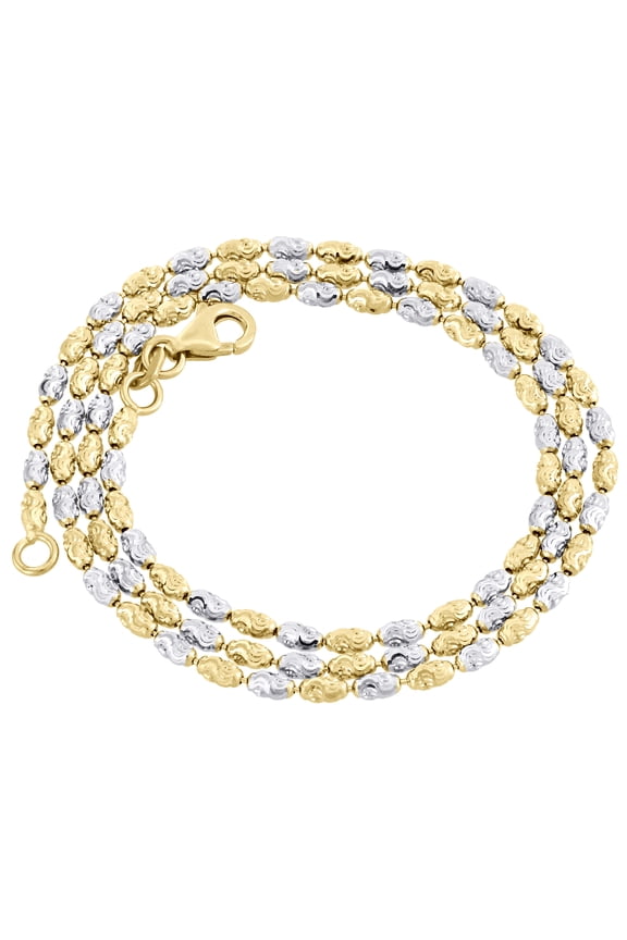 10K Two Tone Gold 2MM Typhoon Moon Cut Italian Bead Chain Necklace 20 Inch