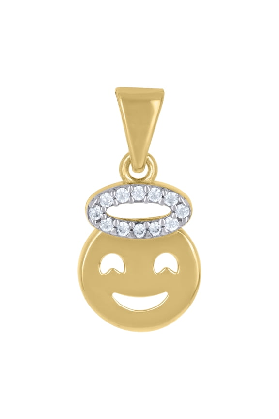 10K Two Tone Gold CZ Women's 0.75" Smiley Face w/ Halo Charm Angel Emoji Pendant