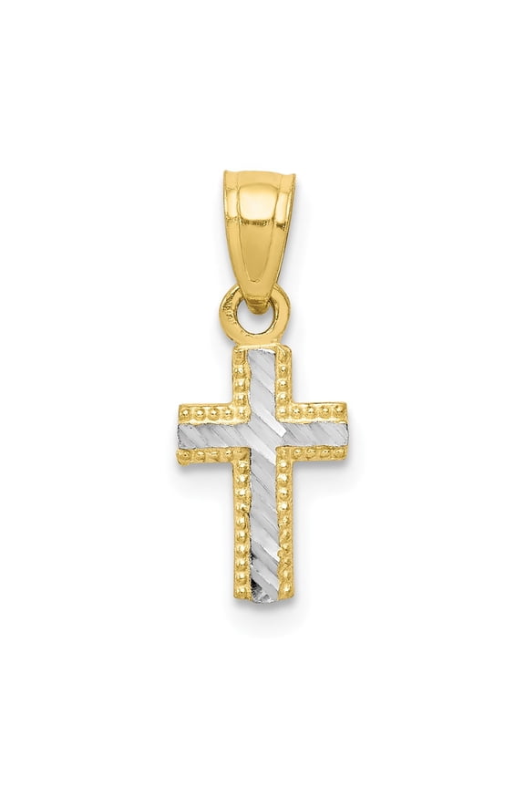 10K Two-Tone Gold Charm Pendant Themed 18 mm 7 & Rhodium Tiny Diamond-Cut Cross