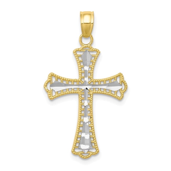 10K Two-Tone Gold Charm Pendant Themed 30 mm 16 & Rhodium Diamond-Cut Cross